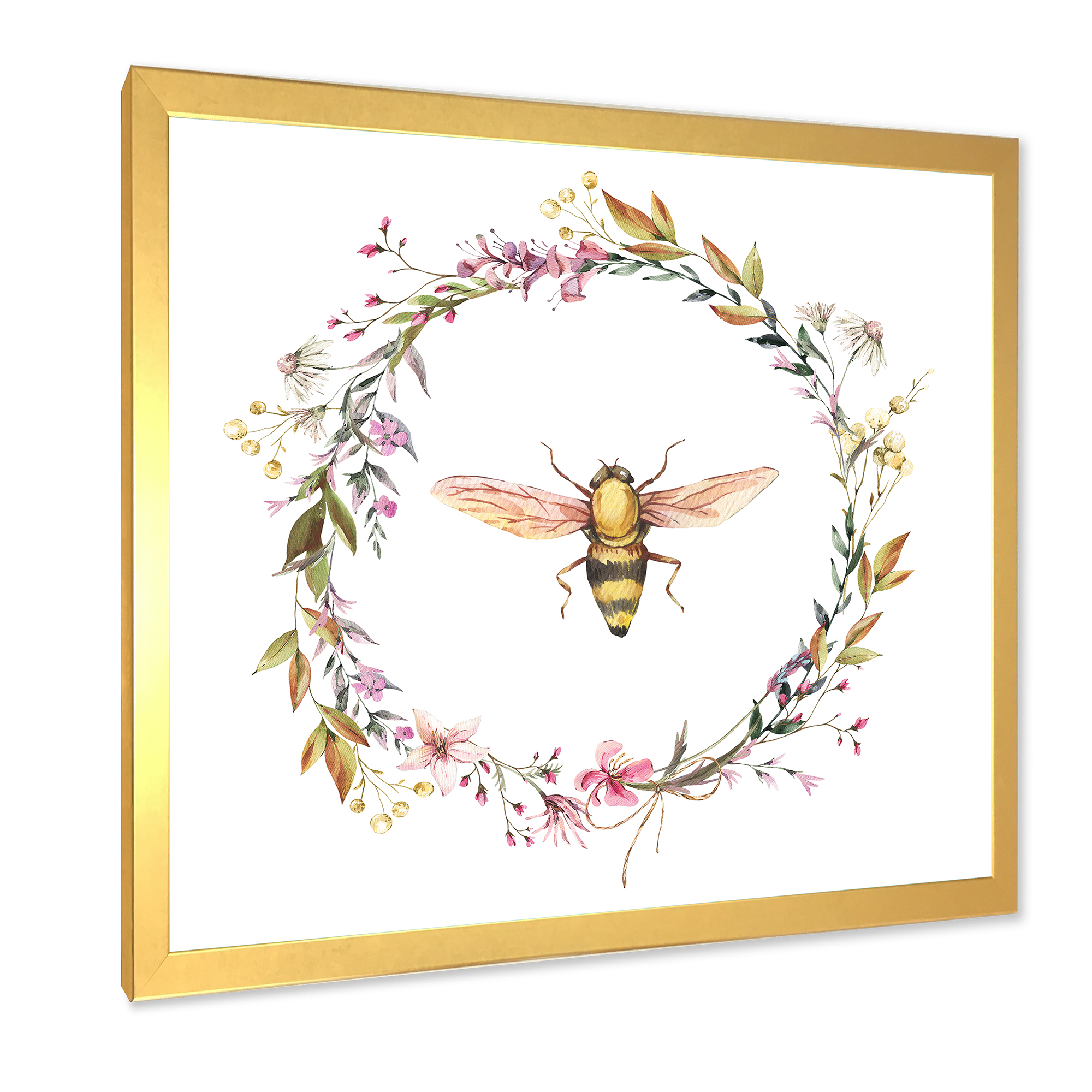 Designart 'Wildflowers Wreath and A Bee' Farmhouse Framed Art Print