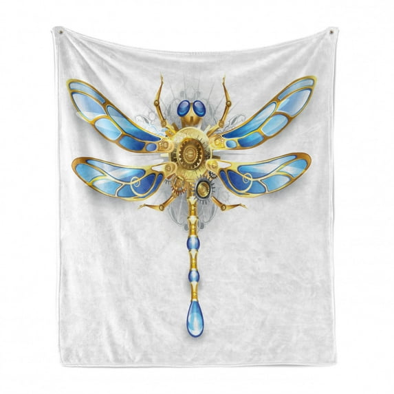 Dragonfly Soft Flannel Fleece Throw Blanket, Close-Up View of Mechanical Dragonfly with Multifaceted Eyes Gears Body Print, Cozy Plush for Indoor and Outdoor Use, 50" x 60", Yellow Blue, by Ambesonne