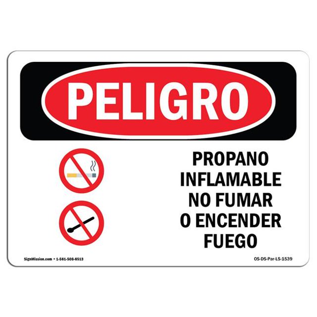 SignMission OS-DS-A-1218-LS-1539 12 x 18 Po Signe de Danger OSHA - Gaz Propane Inflammable Non Fumeur Espagnol