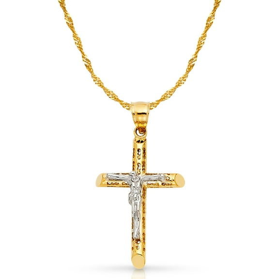 14K Two Tone Gold Jesus Crucifix Cross Pendant with 1.5mm Singapore Chain Chain Necklace