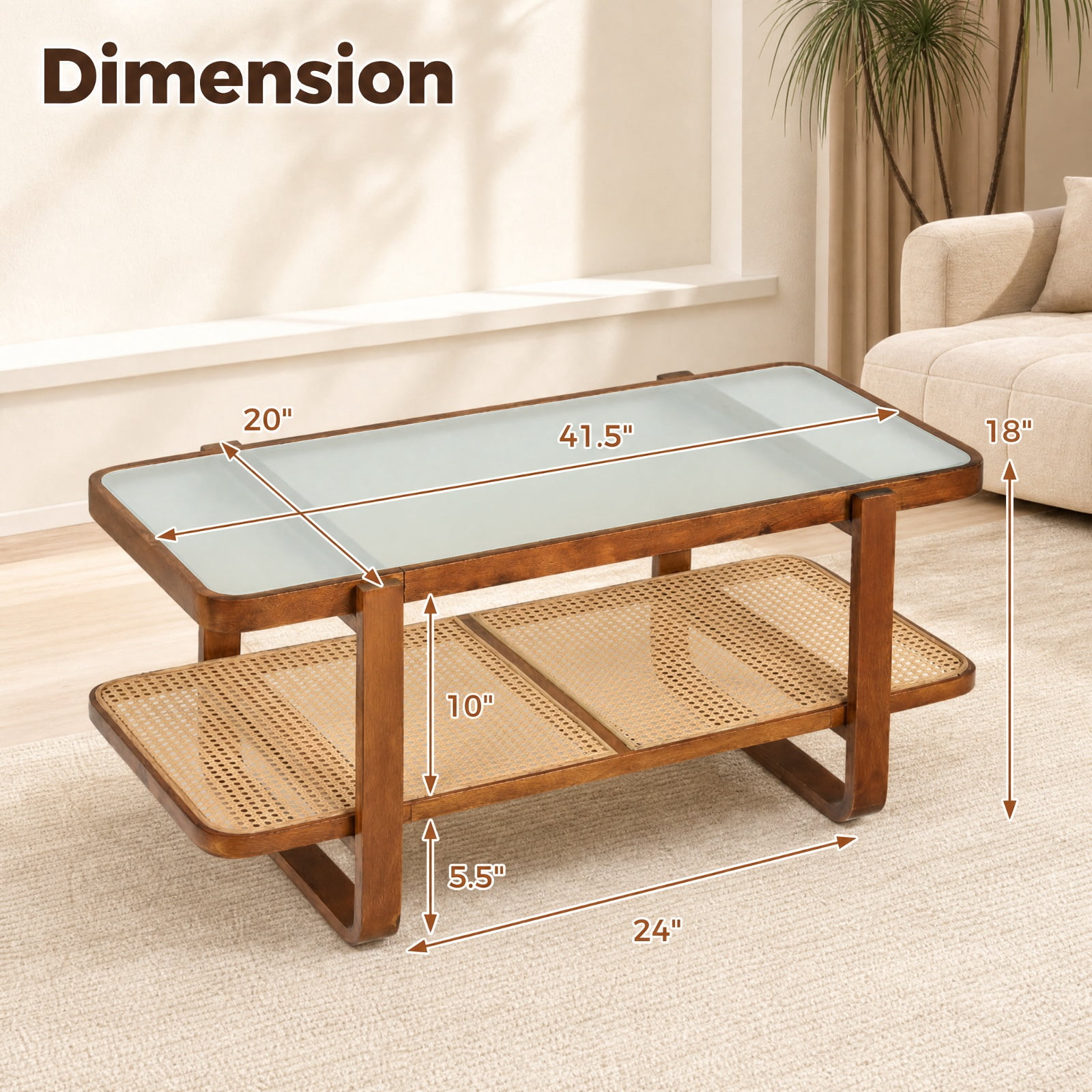 Furnibear Rattan Coffee Table with Frosted Tempered Glass Top and Storage Shelf for Living Room 2 Tier Center Table, Walnut
