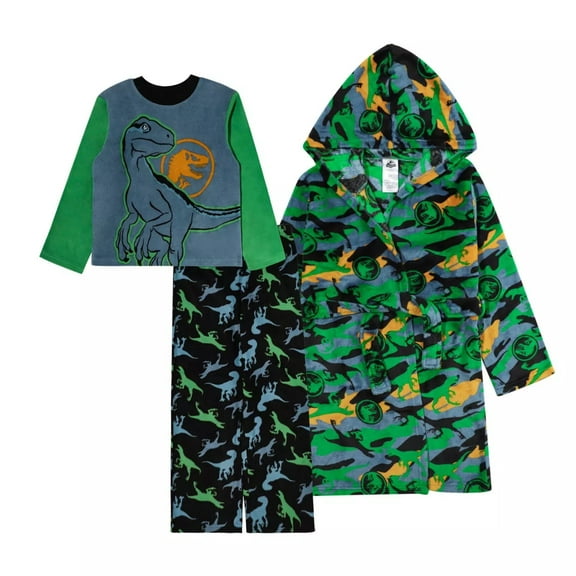 Jurassic World Boy's Dinosaur Plush Fleece Hooded Robe and Pajama Set, Size 4