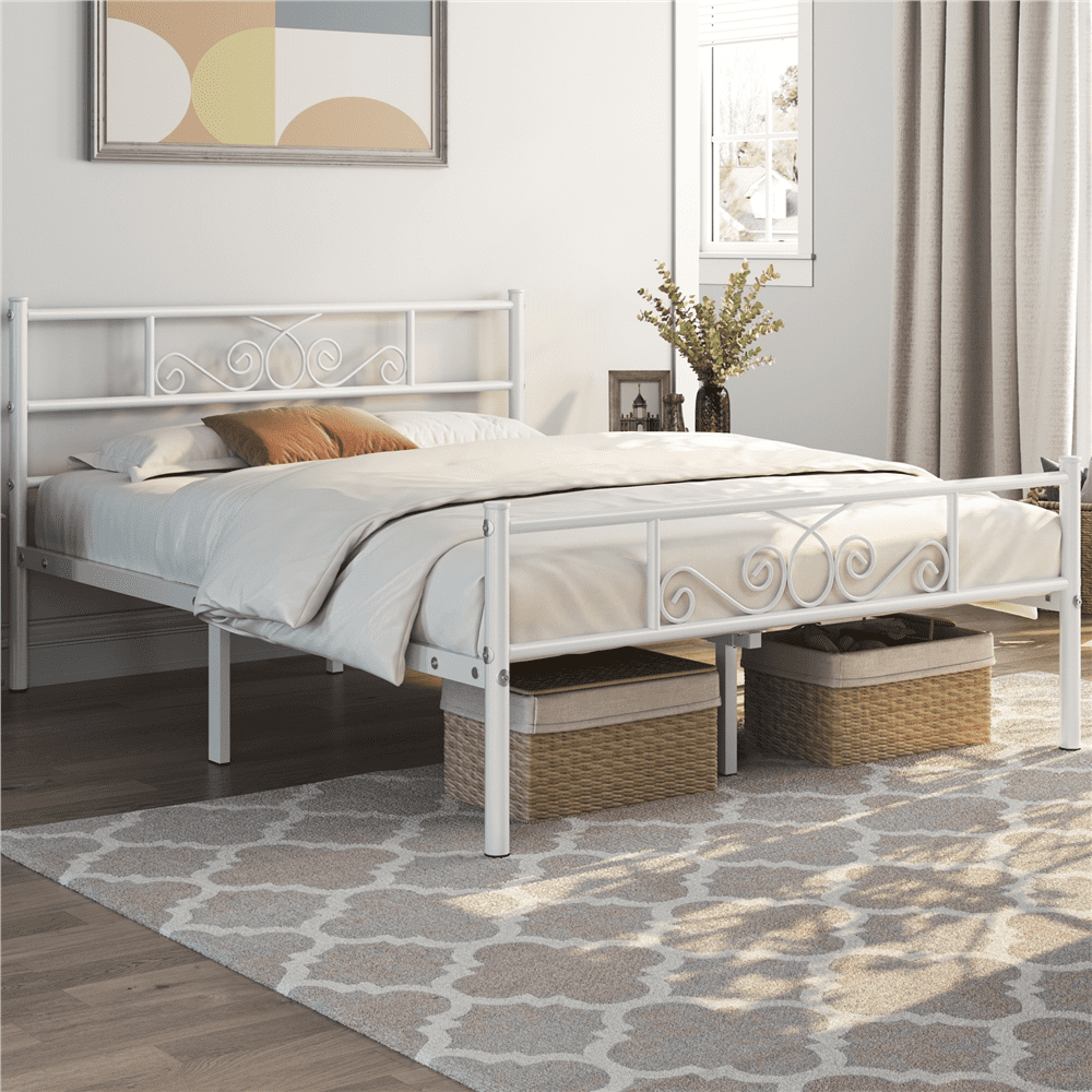 Fullfurnique Metal Platform Bed Frame with Scroll Headboard and Footboard, Full, White