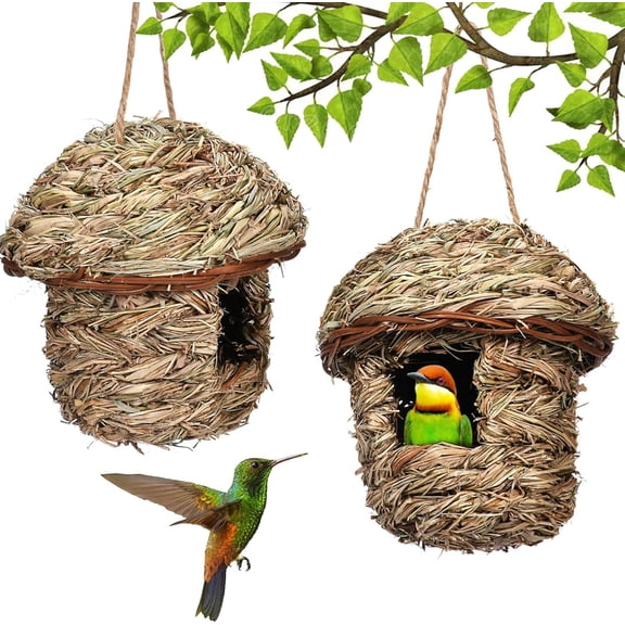 Handwoven Natural Straw Bird Nest – Set of 2, 6.3 x 5.5 Inch Small Hanging Bird House for Garden, Balcony, or Outdoor Decor