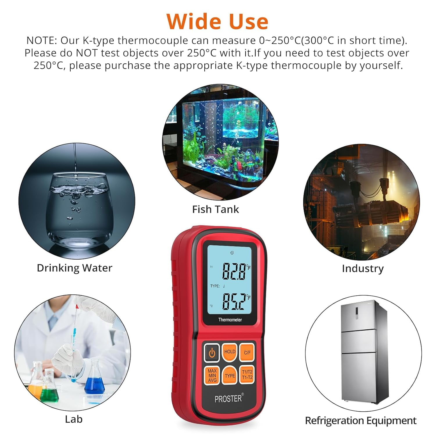Proster Digital Thermocouple Temperature Thermometer Dual Channel - with Two K-Type Thermocouple Probe, Backlight LCD Thermometer for K J T E R S N Type