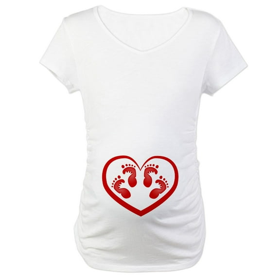 CafePress - Twin Baby Footprints Red Maternity T Shirt - Cotton Maternity T-shirt, Cute & Funny Pregnancy Tee
