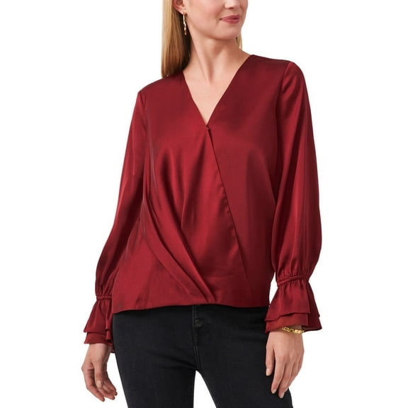 Vince Camuto Women’s Wrap Front Double Cuff Blouse, Earth Red, Large