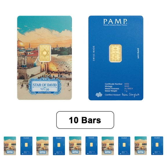 Lot of 10 - 1 Gram PAMP Suisse Star of David Gold Bar .9999 Fine (in Assay)