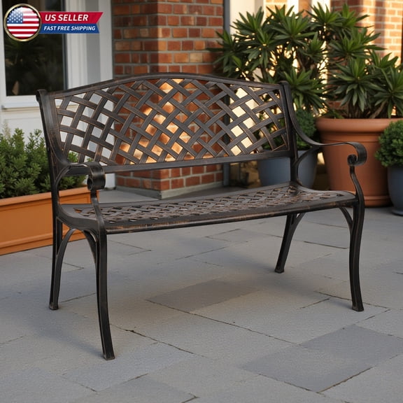 Hassch Outdoor Aluminum Bench, 40.5 Inch Bronze Garden Bench with Grid Back & Seat, Curved Armrests, Weather-Resistant for Patio, Porch or Yard, Easy to Clean & Assemble