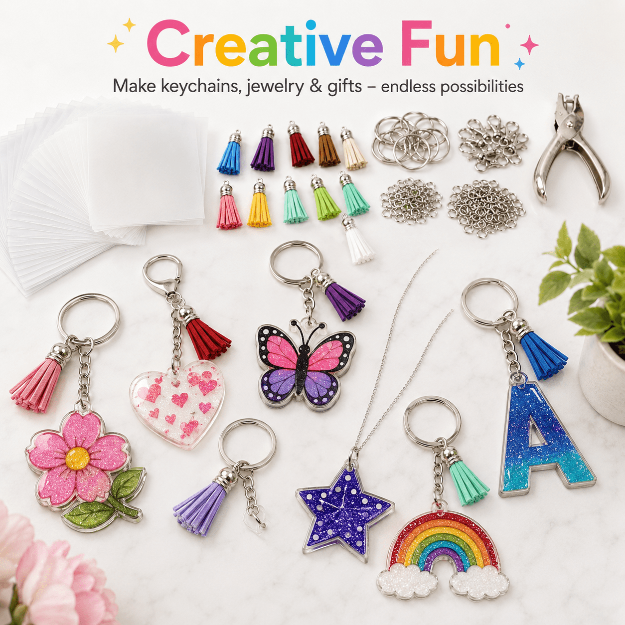 Shrinky Dink Keychain Kit Shrink Sheets Kit - Clear Heat Shrinky Art Film Paper with Keychain Accessories for Making Creative Craft Handwork 251 Pcs