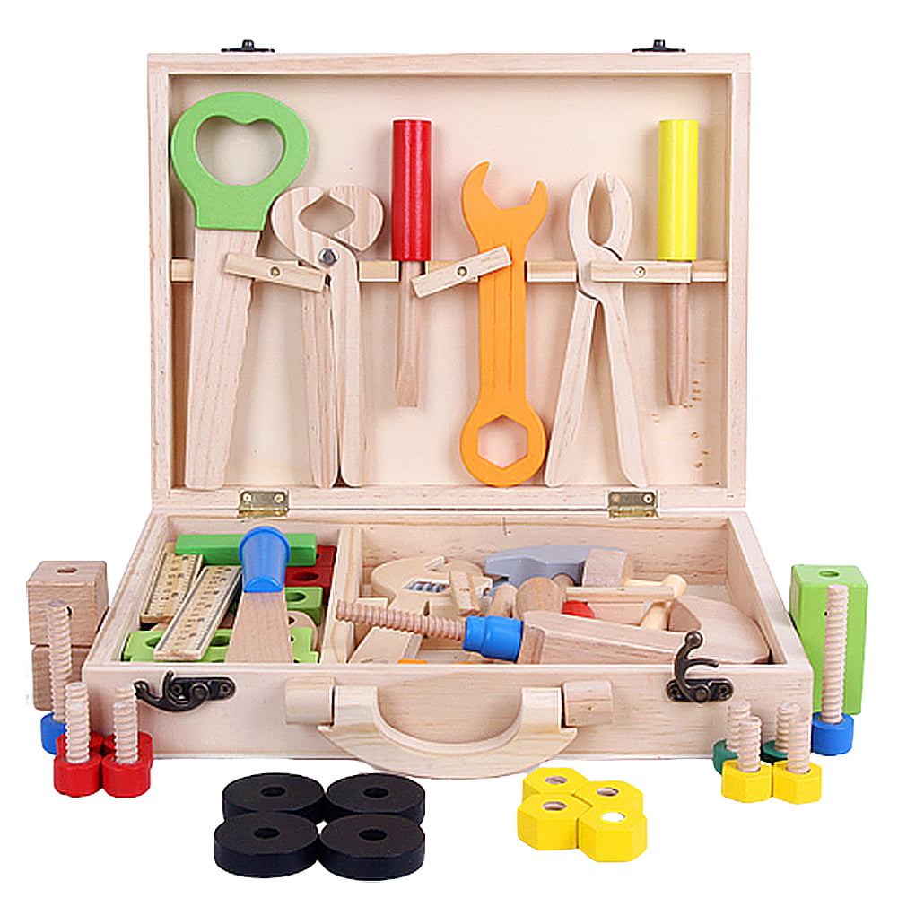 Construction Tools Wooden Toys Toolbox Kids Educational DIY Pretend Toy Portable 