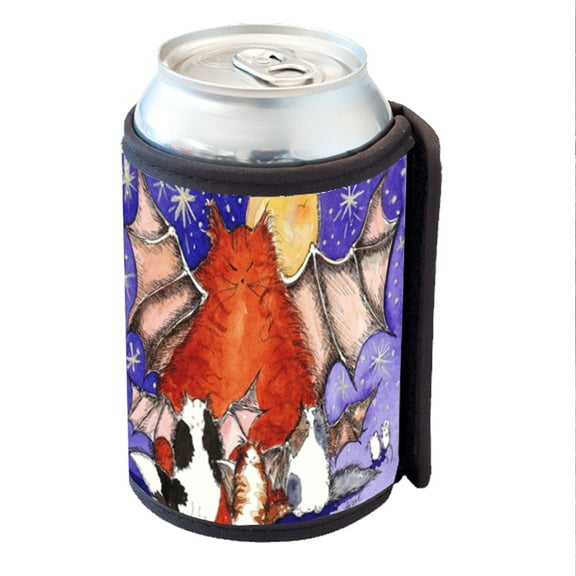 KuzmarK Insulated Drink Can Cooler Hugger - Batty Kitty Family & Full Moon Halloween Cat Art by Denise Every