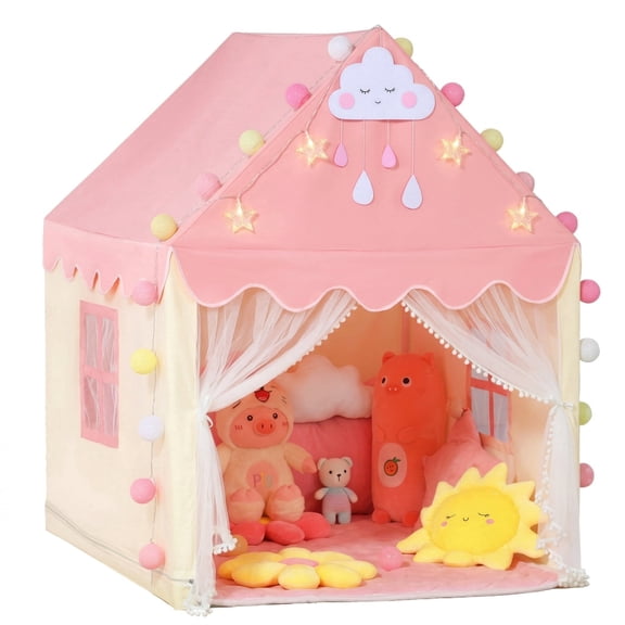 PigPigPen Princess Castle Play Tent for Girls Kids with Mat and Star Lights, Pink and Yellow Indoor Playhouse with Mesh Door Curtain, 47 x 41 x 51 in