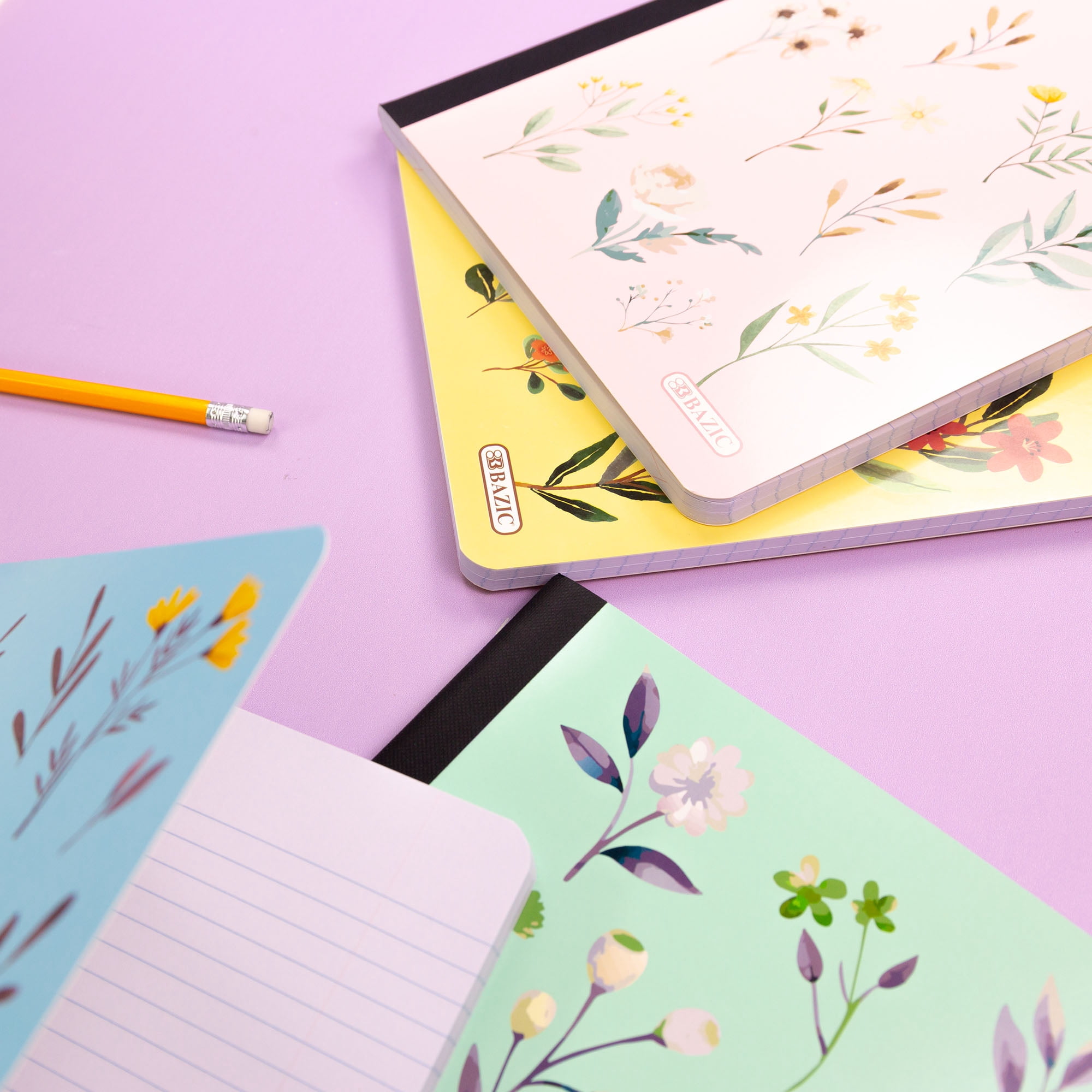 BAZIC Composition Notebook College Ruled, 100 Sheets Floral Print Poly Cover Notebooks, 4-Pack