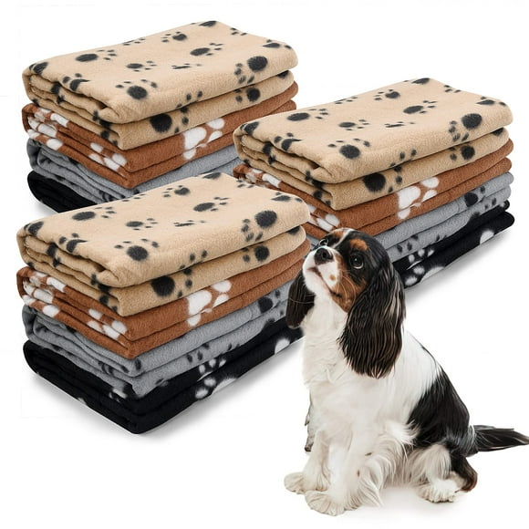 12 Pcs Couvertures pour Animaux de Compagnie 39 x 28 Pouces avec Empreinte de Patte Chien Chat Couverture en Polaire Douce Tapis de Sommeil Couverture de Lit pour Chaton Chiot et Autres Petits Animaux (4 Couleurs)