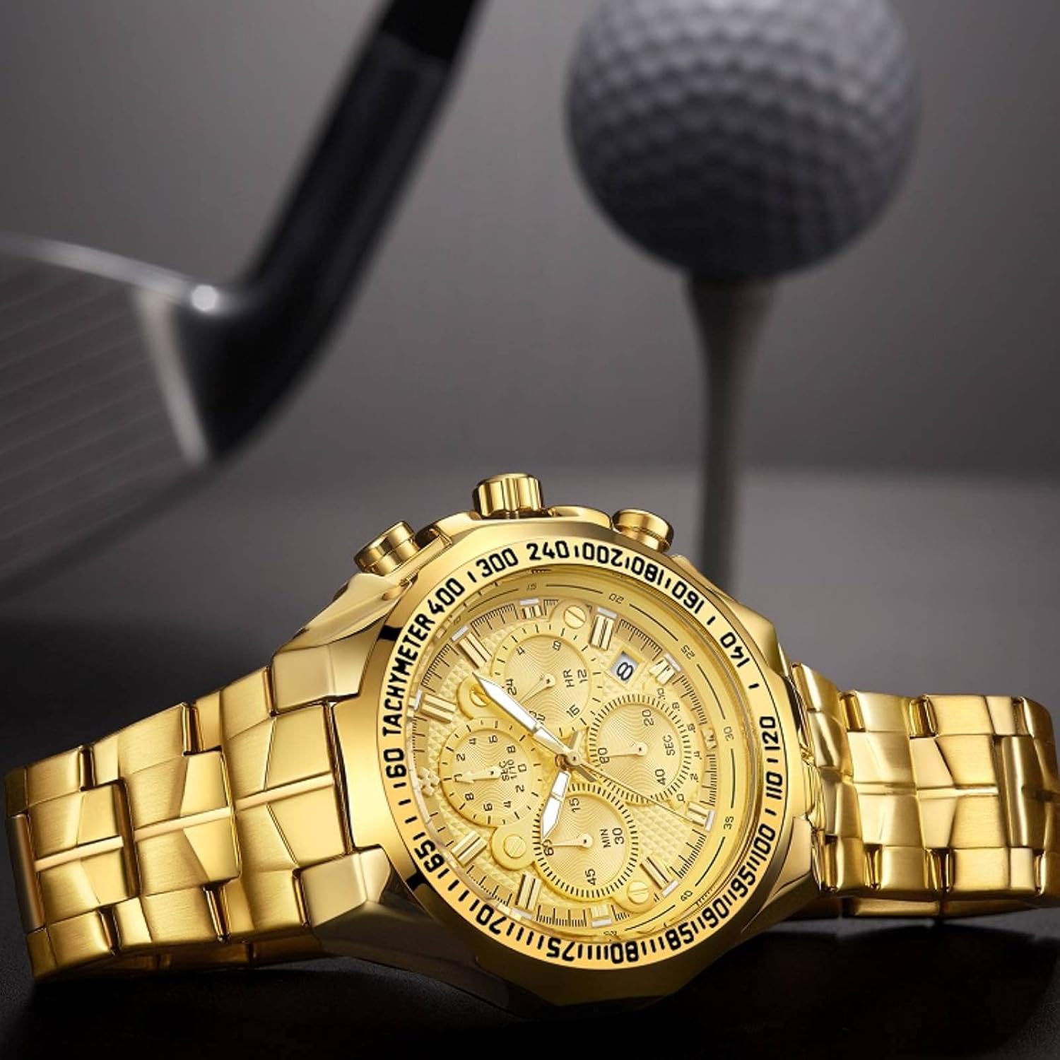 Men's Gold Watch Stainless Steel Waterproof Watches for Men Multifunctional Chronograph Analog Quartz Fashion Business Wristwatch Luminous with Date
