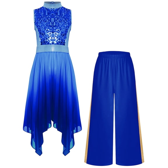 Sholeno Girls Praise Dance Outfit Sequin Worship Asymmetrical Tunic with Wide Leg Pants Liturgical Dress Blue 10