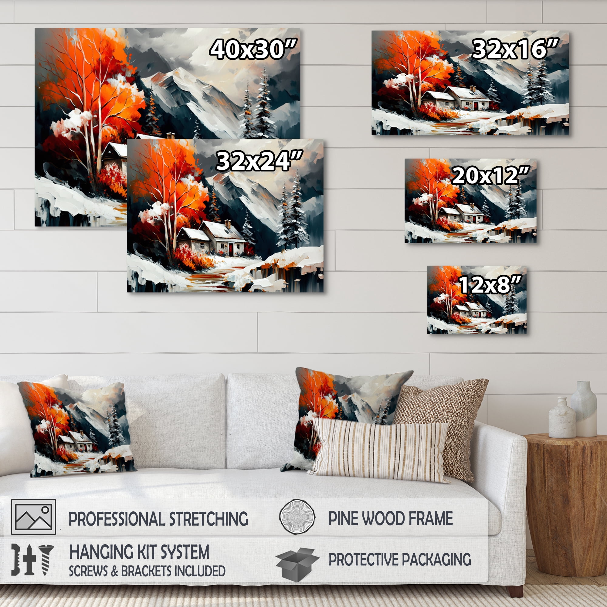 Designart Monochrome Orange Cottage In Winter III Canvas Wall Art