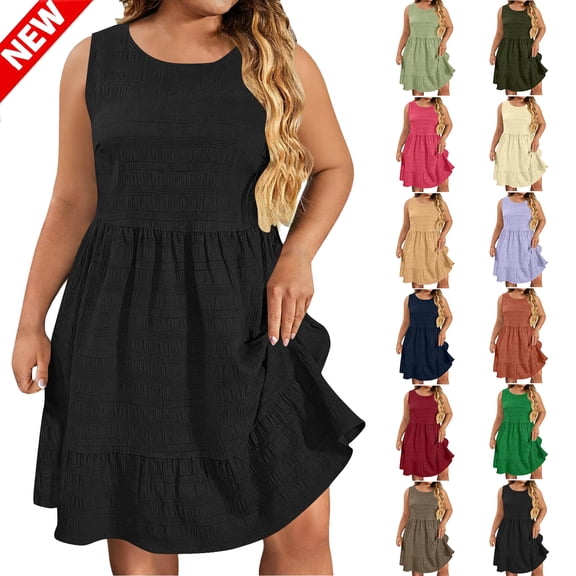 Tqyyweavej Plus Size Summer Dresses for Women Oversize Solid Color Crewneck Mini Dress A Line Pleated Sleeveless Beach Dress
