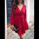thumbnail image 5 of Vestido Corto de Mujer, Larga, Escote en V Profundo, Cintura con Lazo y Volantes, Estilo . Rojo Vino L, 5 of 10
