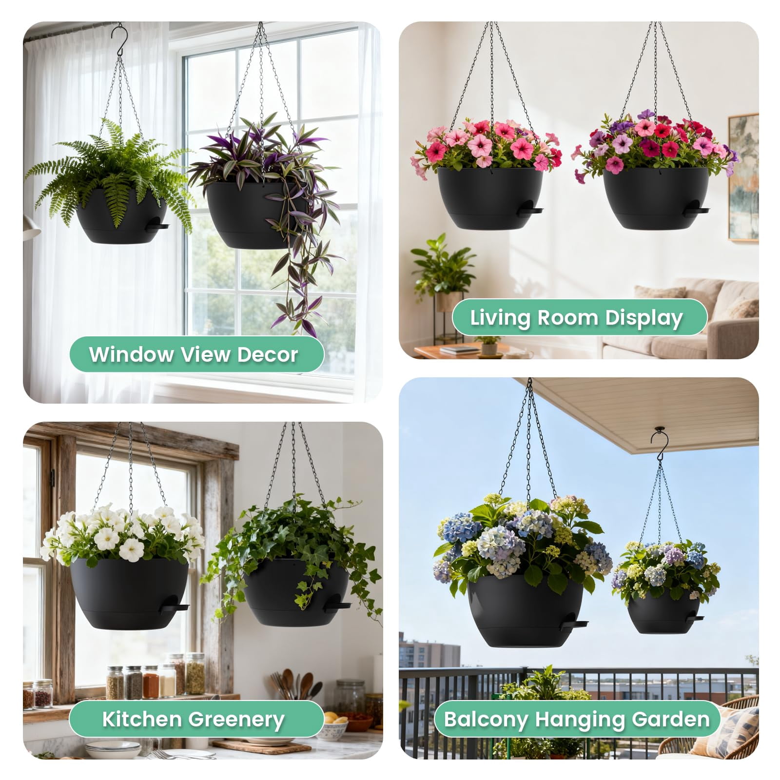 13 Inch 2 Pack Large Self Watering Hanging Planters For Indoor Outdoor Plants  Plant Pots With Removable 50 Oz Reservoir Plastic Basket Window Porch Garden Balcony Black