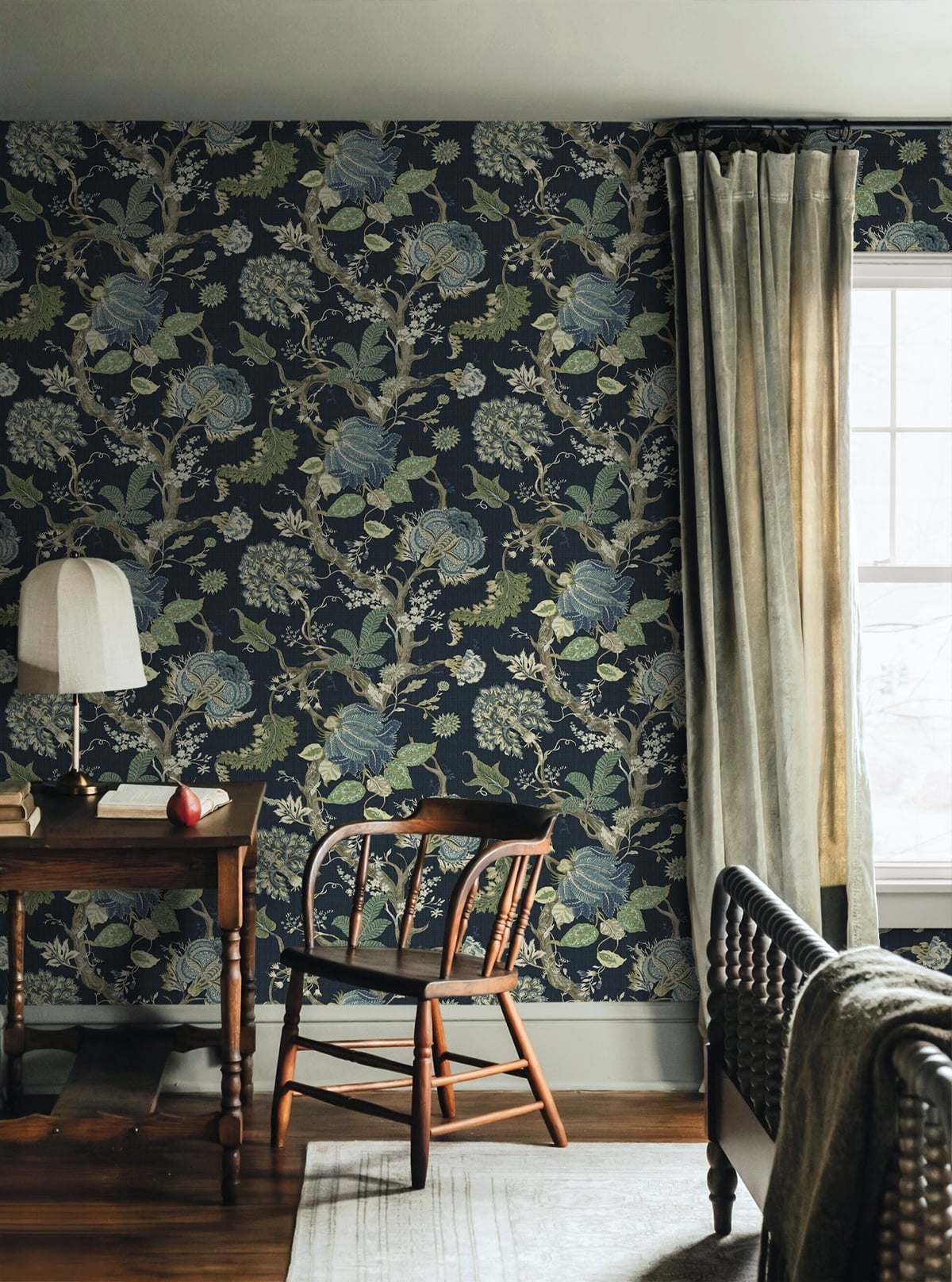 Harry & Grace Midnight Blue & Greenery Jacobean Trail Premium Matte Non-Woven Peel and Stick Wallpaper - 20.5 in. W x 18 ft. L Roll