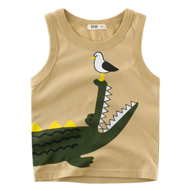 27kids Anself Boy Sleeveless Cotton Tank Tops Round Neck Summer Kids Clothes Cute Cartoon Dinosaur Printing Vest Khaki 90 Walmart Com Walmart Com