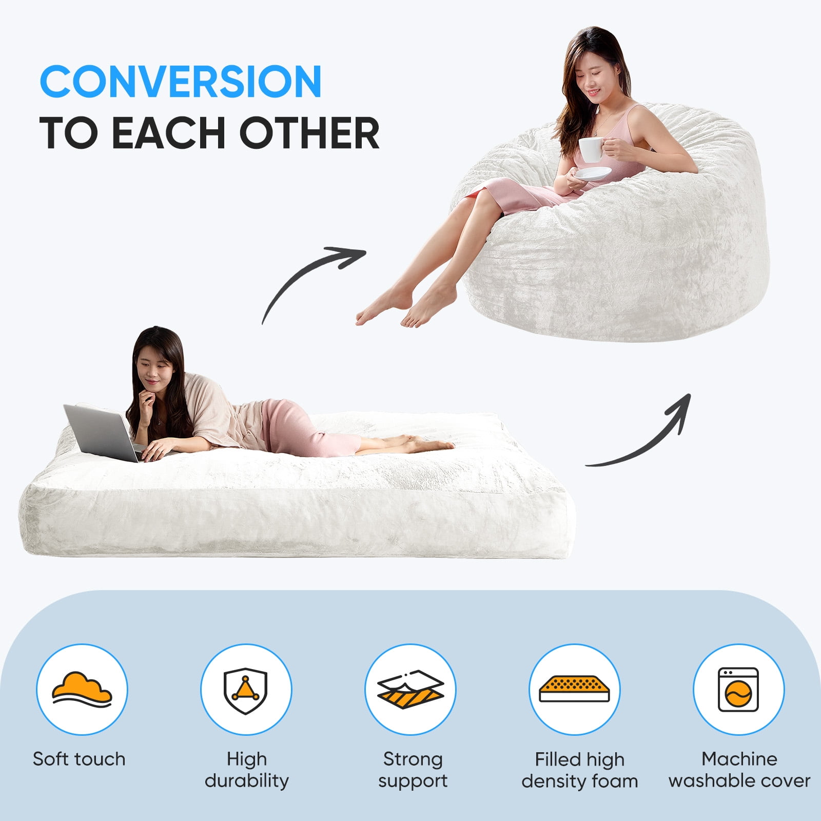BALUS Convertible 2-in-1 Bean Bag Chair & Bed with Removable Velvet Covers, Memory Foam Giant Bean Bag for Apartment, White