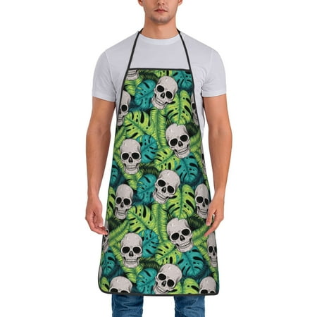 

Xecao Skull and Palm Leaves Print Funny BBQ Chef Aprons for Men Women Adjustable Kitchen Cooking Aprons with Pocket Waterproof Oil Proof No Pilling Fading