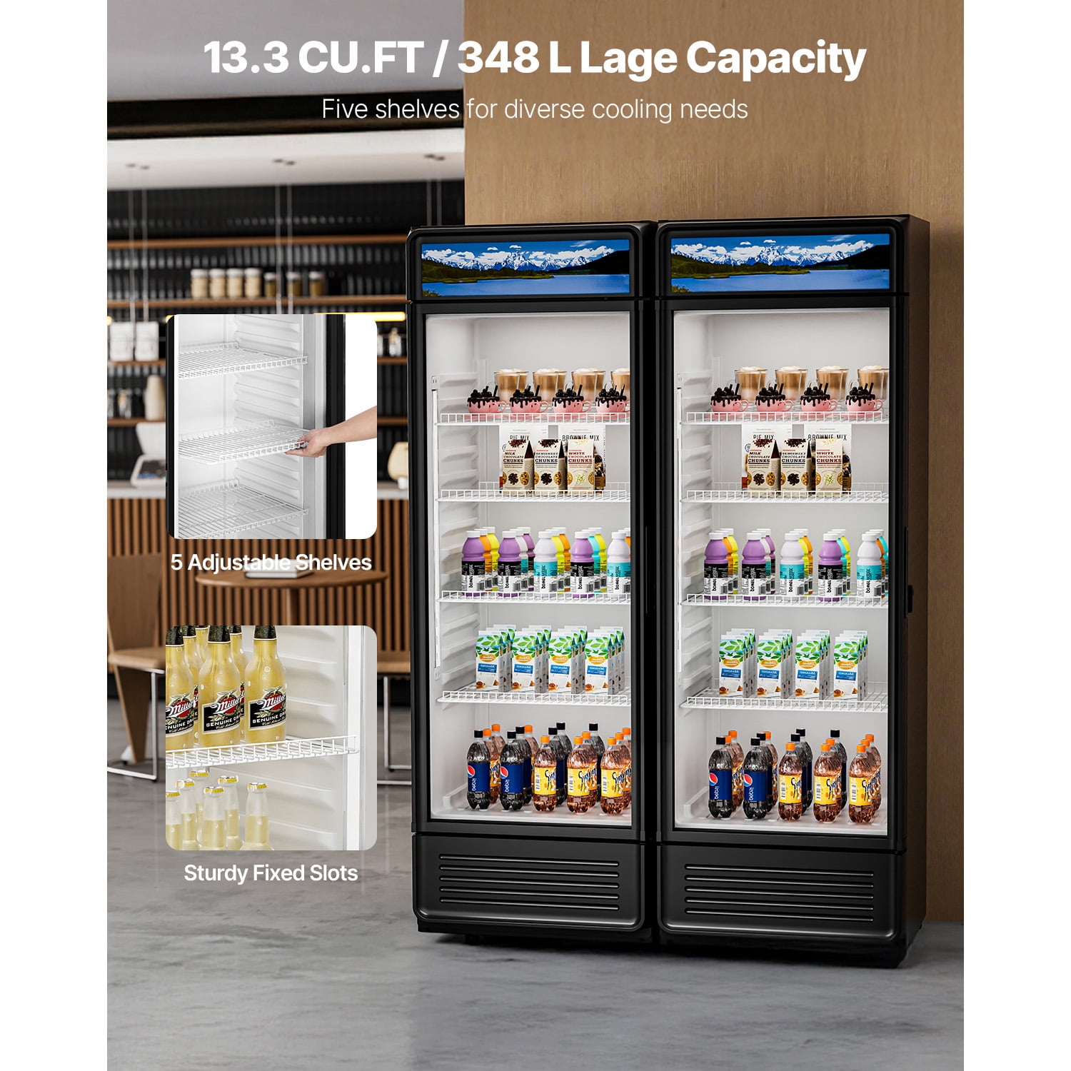 KFFKFF Business Fridge Merchandiser, 9.7 CU.FT Transparent Door Showcase Fridge, Drink Fridge Cooler Vendor with Modifiable Racks, Gentle LED Illumination, Personalizable Illuminated Sign, Dark
