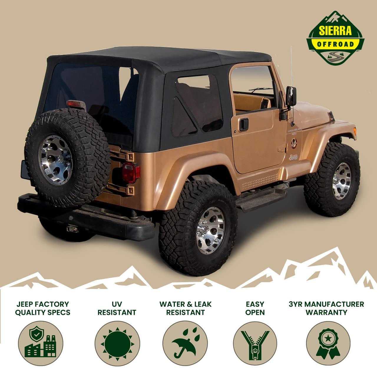 Sierra Offroad Replacement Soft Top, fits Jeep Wrangler TJ Model 1997-2006, Premium Marine-Grade Denim Vinyl, Factory Quality and Precision Fit, Black