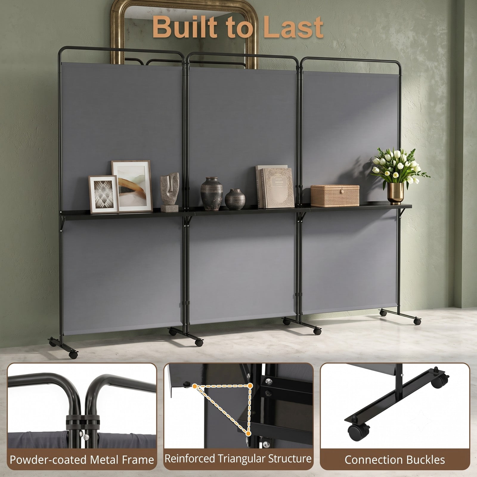ALPULON 3-Panel Room Divider with 3 Shelves, 6 FT Tall Folding Privacy Screen Freestanding Partition with Lockable Wheels for Living Room Bedroom Office, Gray