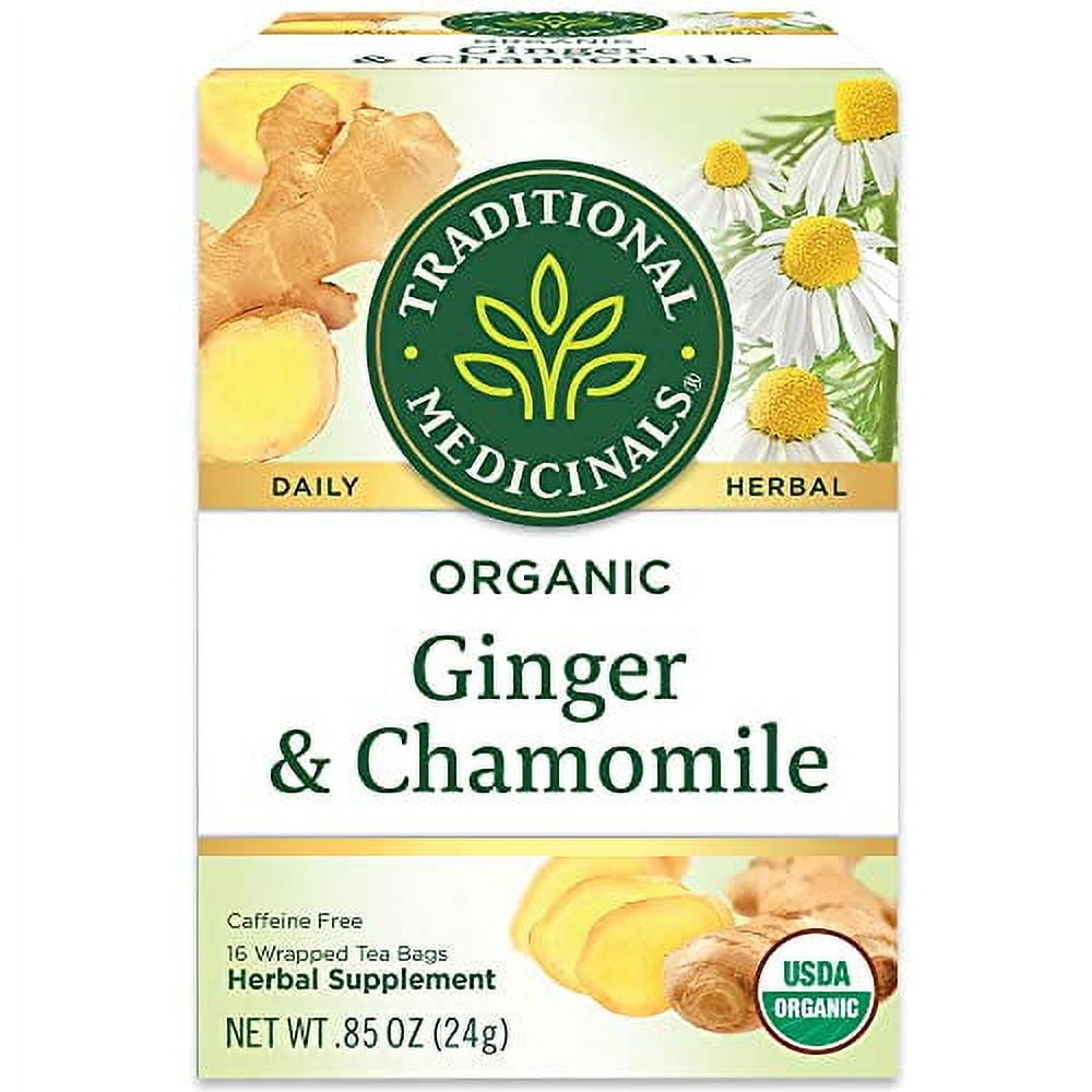 Traditional Medicinals Organic Ginger & Chamomile Herbal Tea, Relieves Occasional Indigestion or Nausea, (Pack of 1) - 16 Tea Bags
