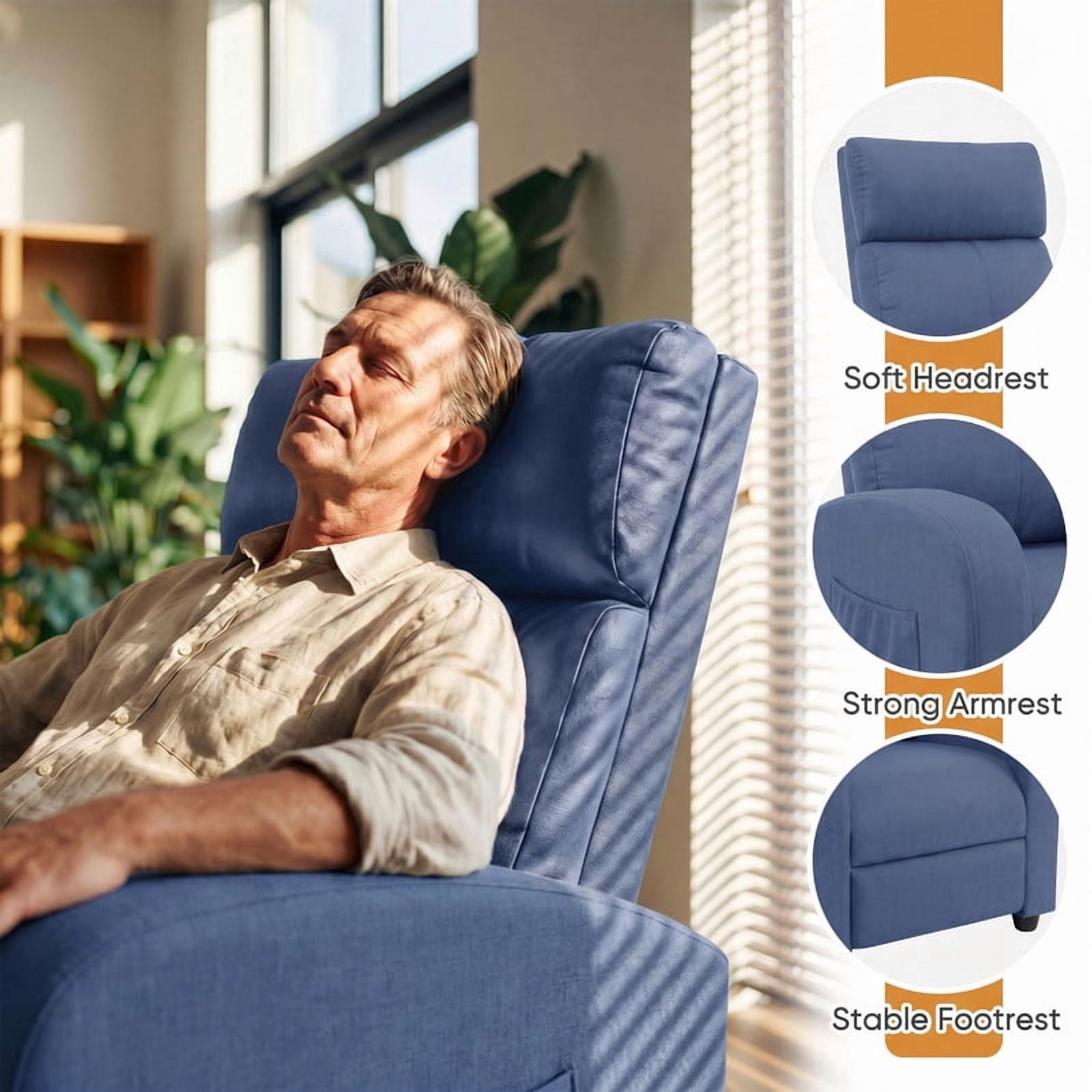 Vineego Massage Recliner Chair Small Places Single Sofa Adjustable Home Theater Seating with Side Pockets for Living Room,Linen Blue