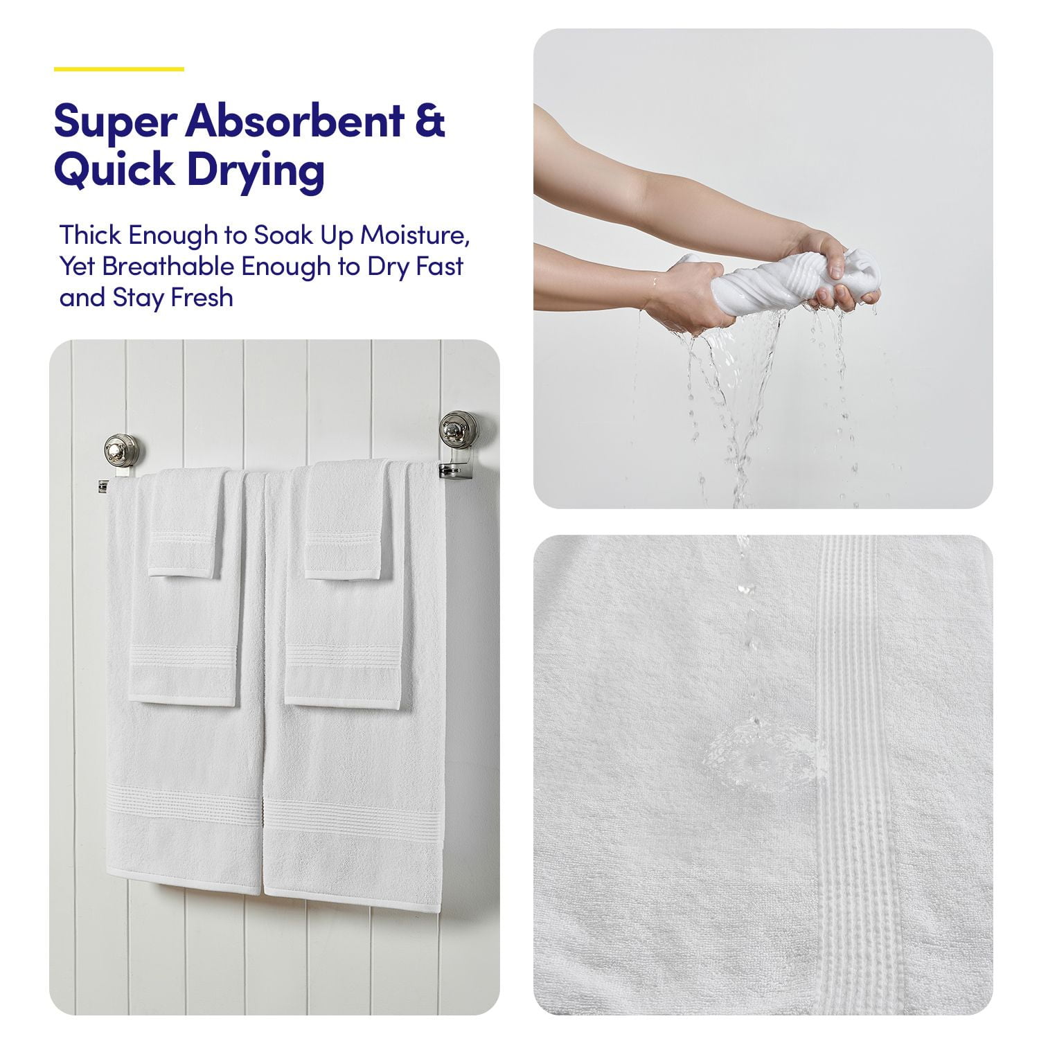 8pc 100% Combed Cotton Towel Set (2 Bath, 2 Hand, 4 Wash) - White