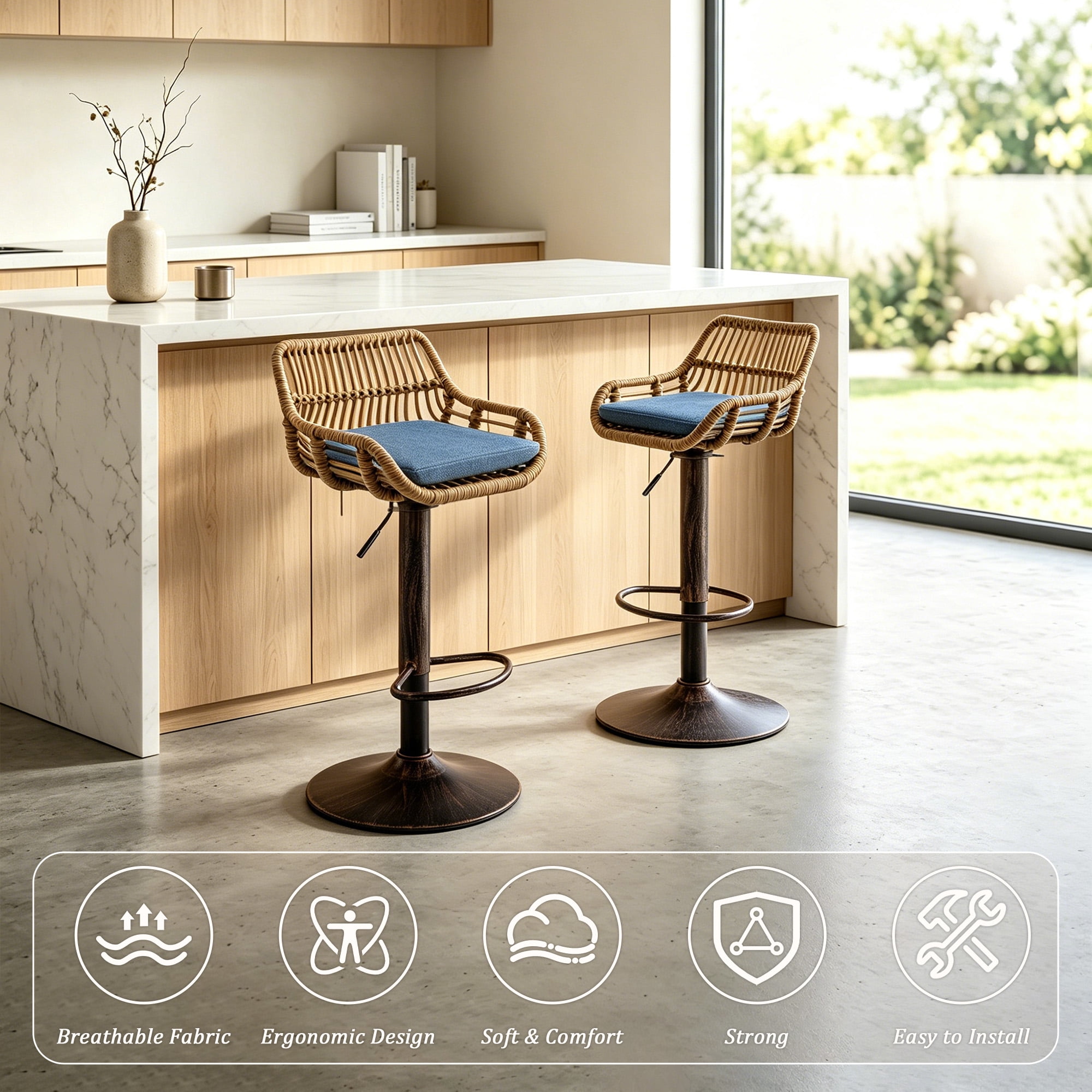 MOONMISS Swivel Bar Stools Set of 2, Modern Adjustable Counter Height Barstools with Back, Rattan Bar Chairs with Cushions & Metal Footrest, Pub Stools for Kitchen, Bar, Dining Room,Blue