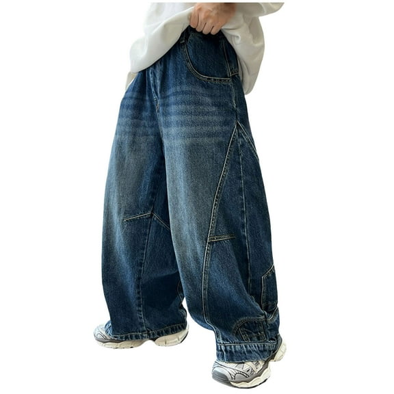 Black Jeans For Boys 14-16 Teen Boys Straight Wide Leg Denim Pants with Pockets Loose Wide Leg Straight Elastic Waist Casual Denim Pants Summer Daily Boy