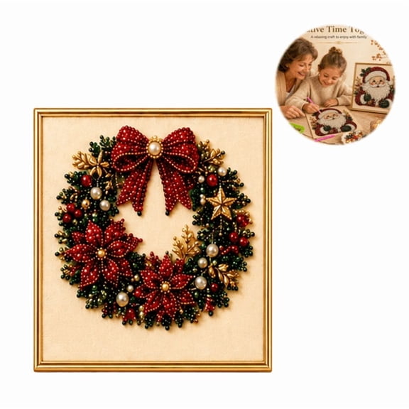 DIY Christmas Pearl Diamond Painting Art Kit with Frame, Christmas Pearl Beads Art Craft for Adults Beginner, Gemstone Diamond Dots Beads for Home Wall Decor, Healing Stress-Relieving Wreath