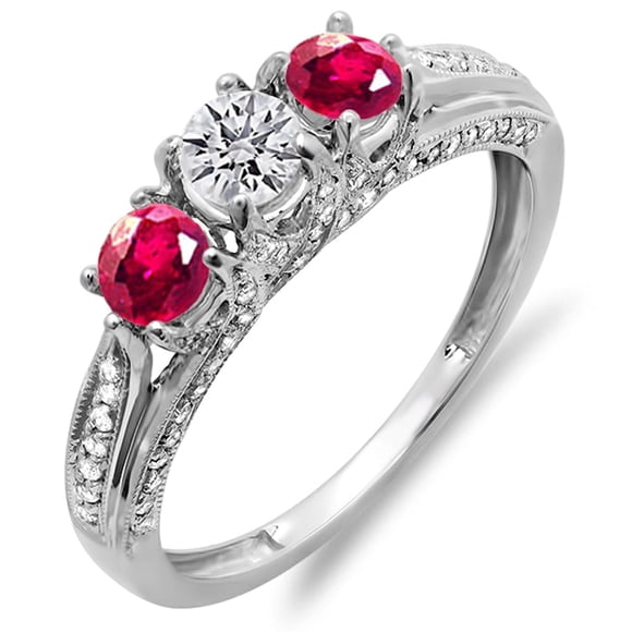 Dazzlingrock Collection 18K Round White Diamond And Ruby Ladies Vintage Bridal 3 Stone Engagement Ring, White Gold, Size 7.5