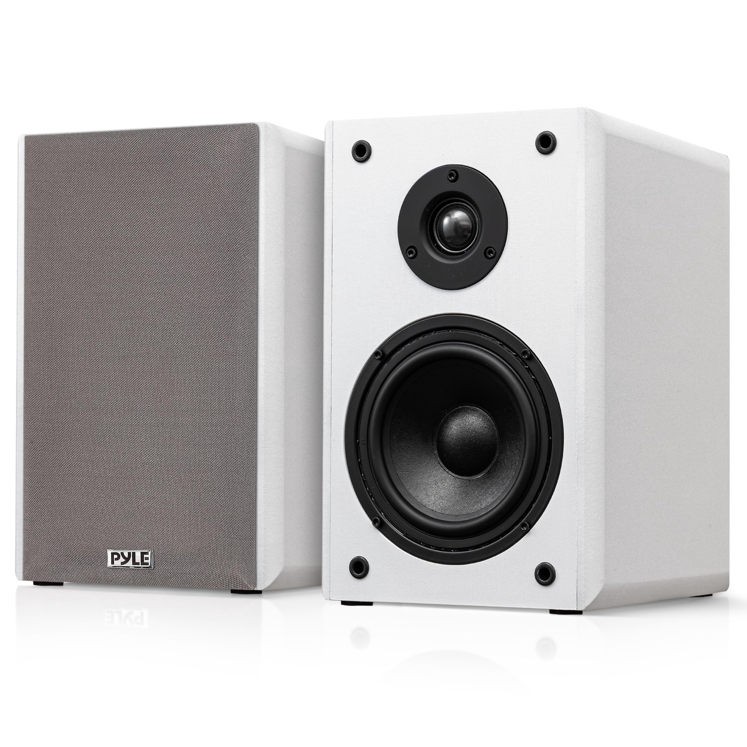 Pyle PDA7BU Bluetooth USB/AUX MP3 Player SD FM Home Theater Audio Black Amplifier Receiver, 2x 6.5” 240 Watts Max Power 2-Way HiFi Home Theater Bookshelf White Speakers, Speaker Wire, Banana Plugs