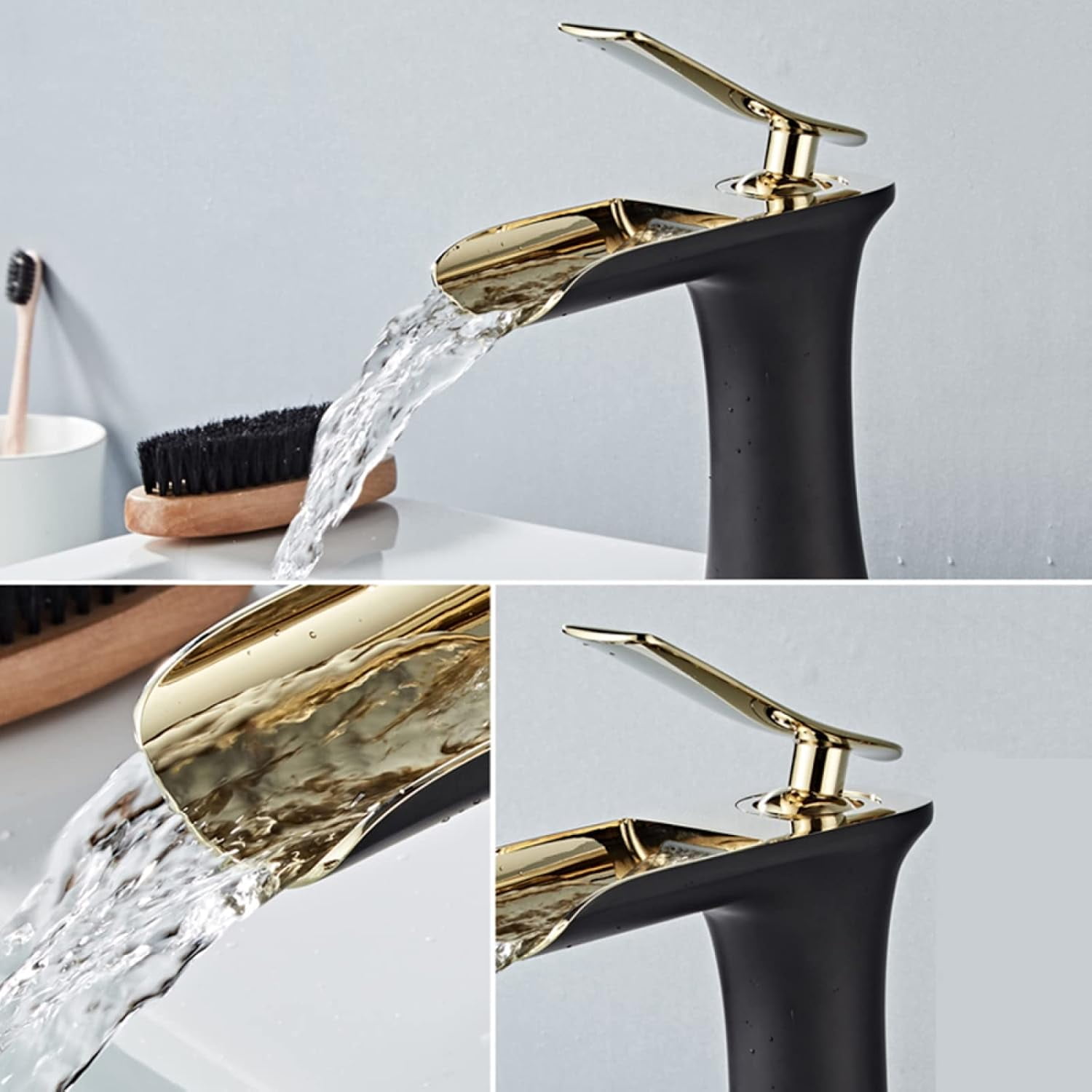Waterfall Bathroom Faucet, Hot and Cold Sink Mixer Tap Faucet, Solid Brass, Waterfall Single Handle Bathroom Sink Faucet Tall, Black Silver