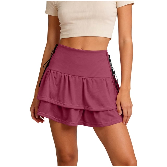 TaTaai Women's Solid High Waisted A-Line Mini Skirt Tiered Ruffle Tie Waist Double Layer Hem Vintage Style for Casual Summer Daily Wear Gift