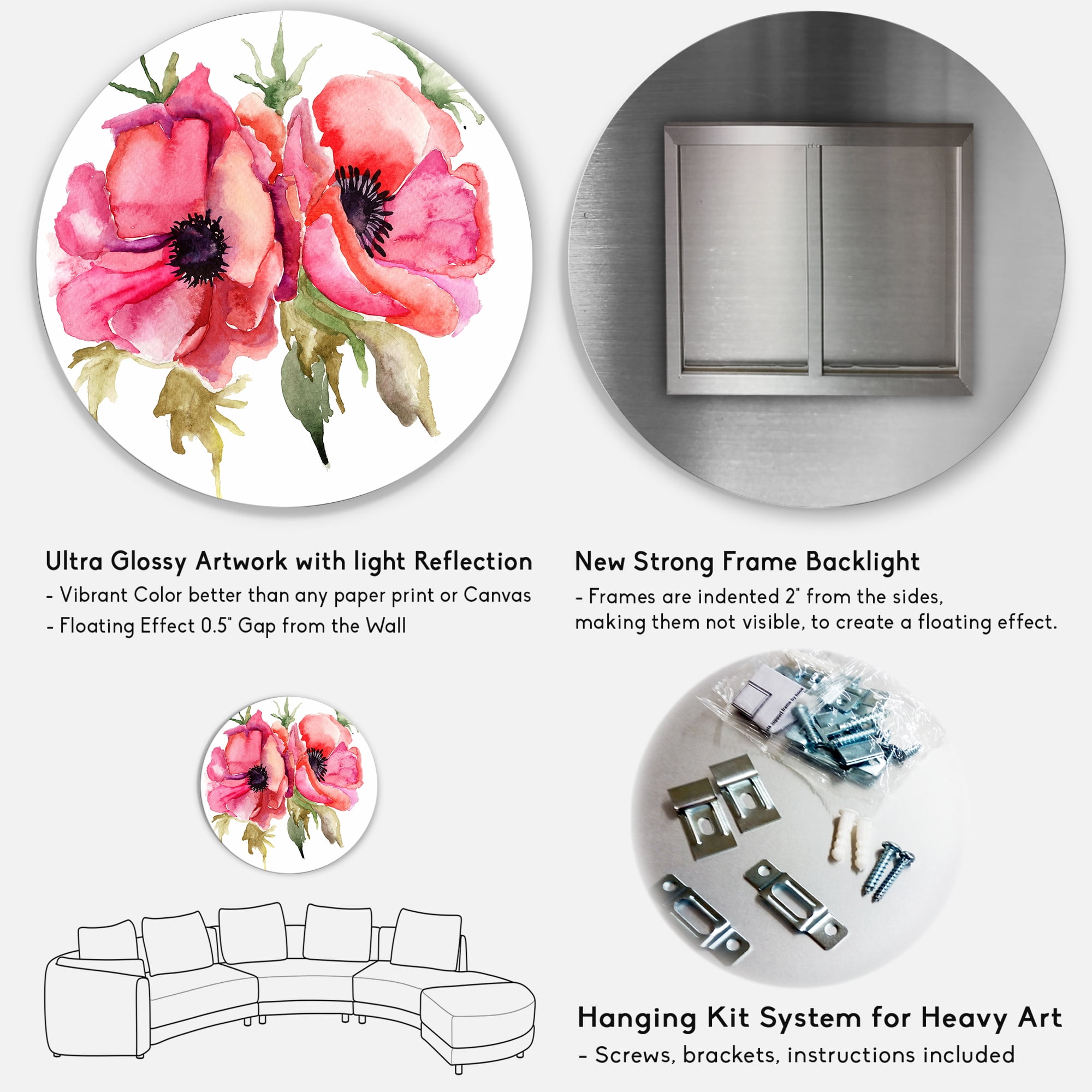 Designart 'Stylized Pink Poppy Flowers' Traditional Circle Metal Wall Art 29x29 - Disc of 29