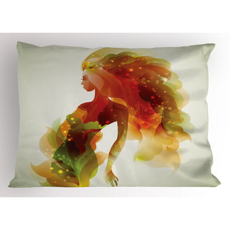 Girls Pillow Sham Girl Figure with Flowers and Leafs Floral Abstract Art Spring Theme Artwork, Decorative Standard King Size Printed Pillowcase, 36 X 20 Inches, Orange Green Red, by