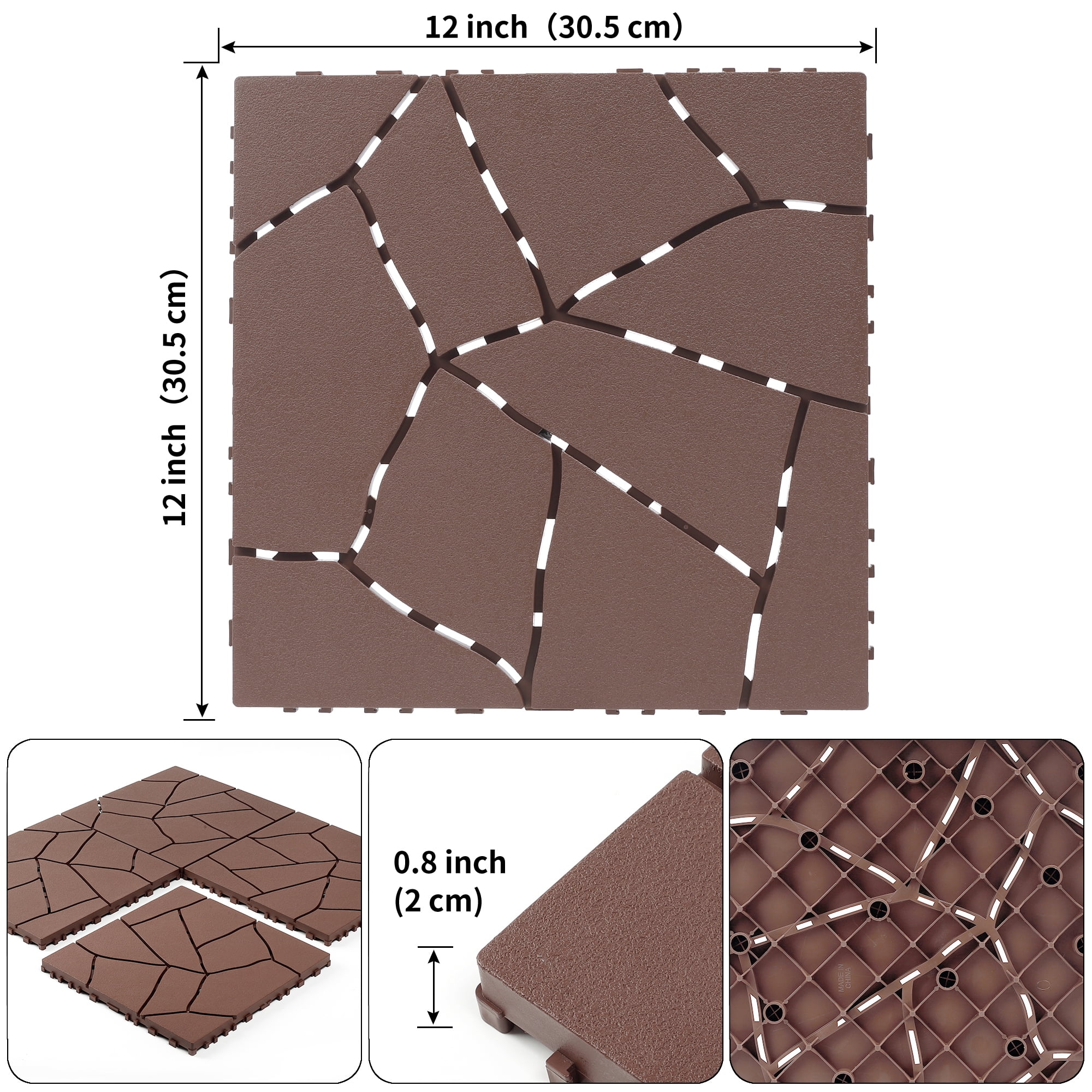 Stone Style 12" Patio Deck Tiles 44pcs Brown DIY Module Interlocking Floor Tiles PP Indoor Outdoor Quick Installation for Porch Poolside Balcony Backyard