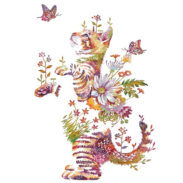 Kit Punto Cruz Hilo Algodón Gato Y Flores 11CT Bordado Parcial Artesanal Hecho A Mano