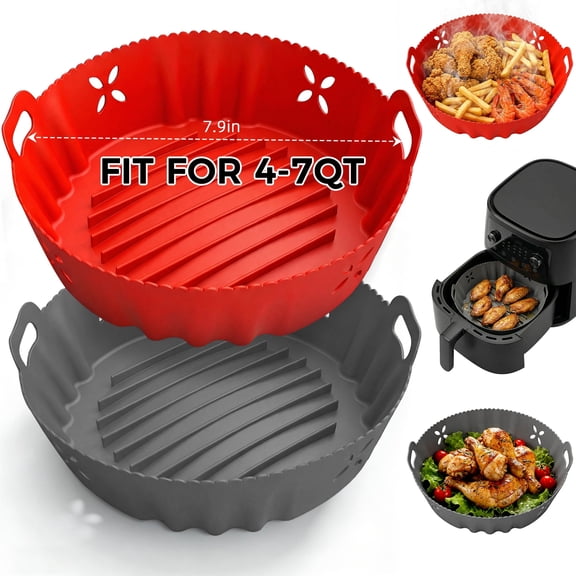 M Buder 2 Pack Silicone Air Fryer Liners with Side Holes, Round Reusable Basket Bowl Replacement for Parchment Paper, Fits 4-7 QT, Baking Tray Oven Accessories, Gray&Red (Top 7.9in, Bottom 6.7in)
