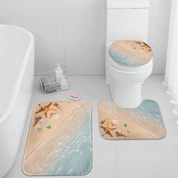 Beach Theme 3-Piece Bath Rug Set Clear Non-Slip Quick Dry
