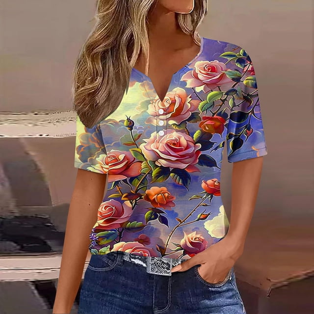 Fiudx Ofertas y Liquidaciones Blusa de Manga Corta Estampada a La Moda para Mujer, Blusas Informales con Cuello En V