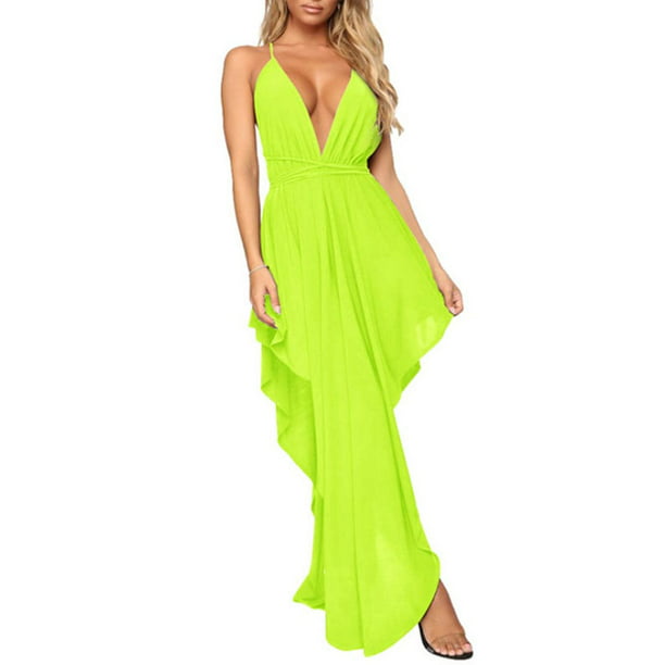 Uhndy Womens Sexy Deep V Neck Evening Party Ball Gown Long Maxi Dress Green S